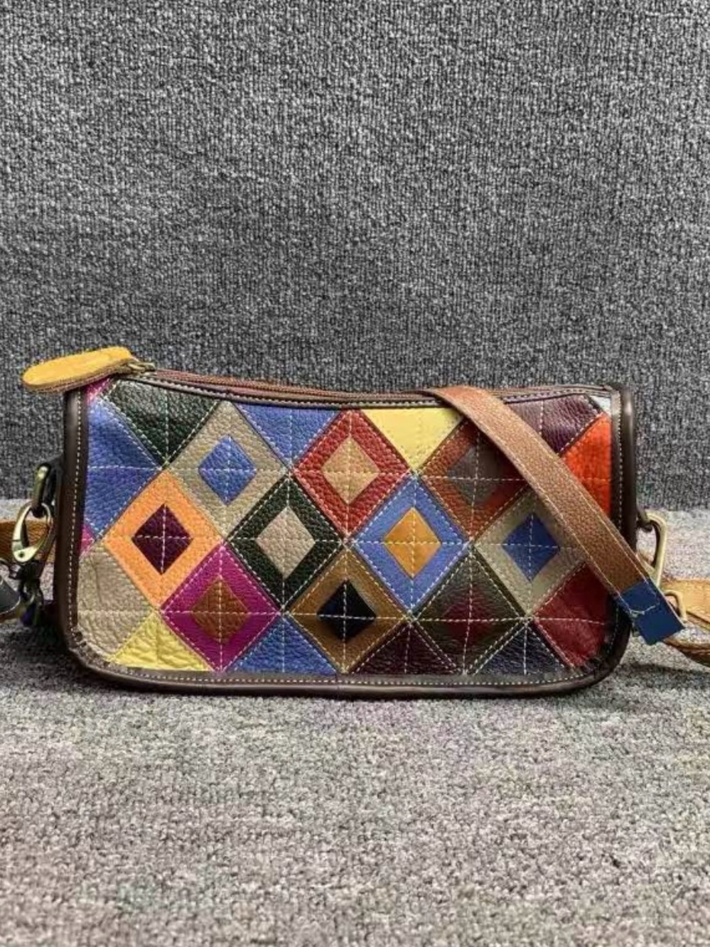 Colorblock Diamond Patch Genuine Leather Shoulder|crossbody bag|brand new